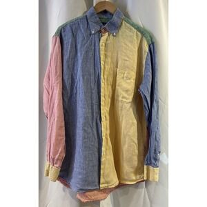 Mine Men's Multicolor Colorblock Pocket‎ Linen Long Sleeves Shirt  Size Large